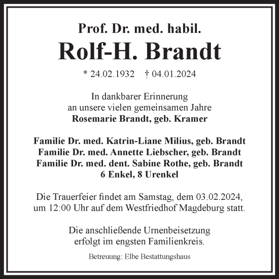 Traueranzeige von Rolf-H. Brandt von Volksstimme Magdeburg