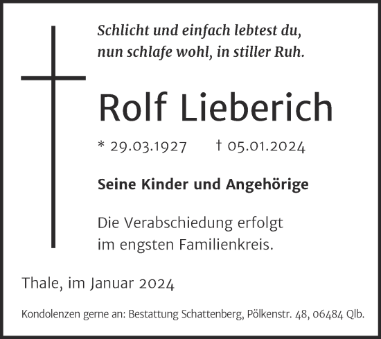 Traueranzeige von Rolf Lieberich von Trauerkombi Quedlinburg