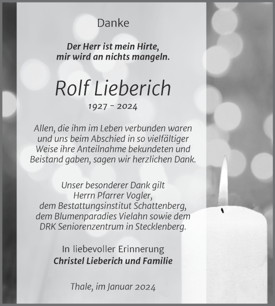 Traueranzeige von Rolf Lieberich von Trauerkombi Quedlinburg