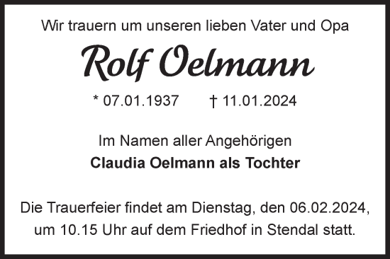 Traueranzeige von Rolf Oelmann von Volksstimme Altmark Ost