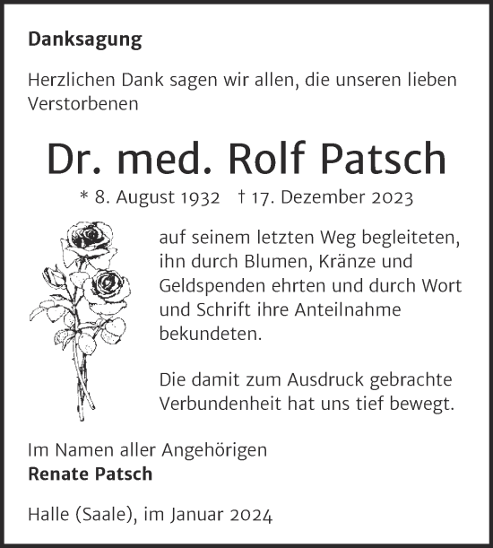 Traueranzeige von Rolf Patsch von Mitteldeutsche Zeitung Halle/Saalkreis