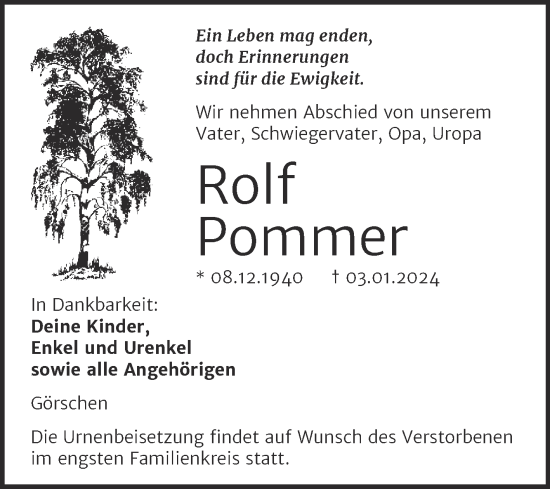 Traueranzeige von Rolf Pommer von Super Sonntag Naumburg/Nebra