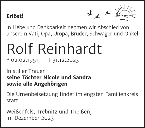 Traueranzeige von Rolf Reinhardt von Trauerkombi Weißenfels