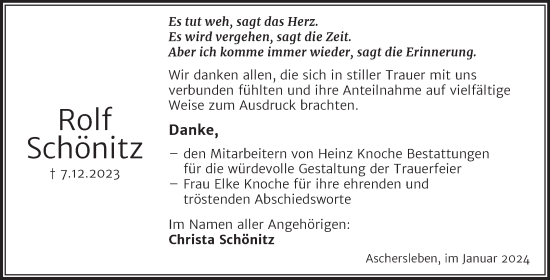 Traueranzeige von Rolf Schönitz von Trauerkombi Aschersleben