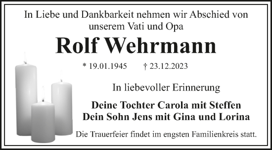 Traueranzeige von Rolf Wehrmann von Trauerkombi Dessau