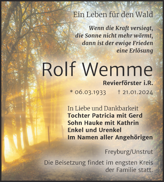 Traueranzeige von Rolf Wemme von Naumburger Tageblatt