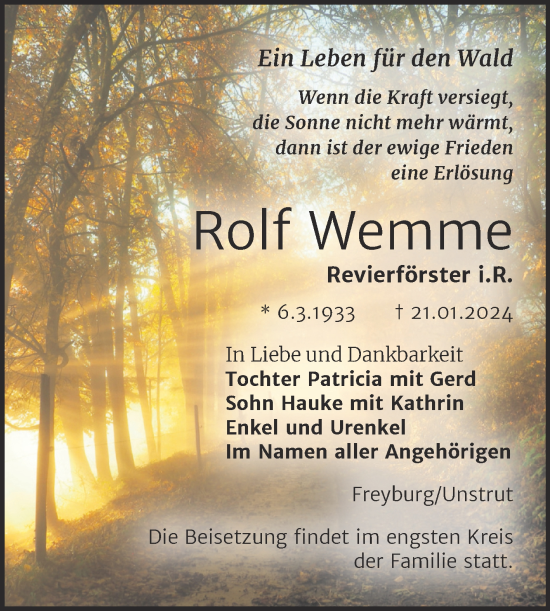 Traueranzeige von Rolf Wemme von Wochenspiegel Naumburg/Nebra