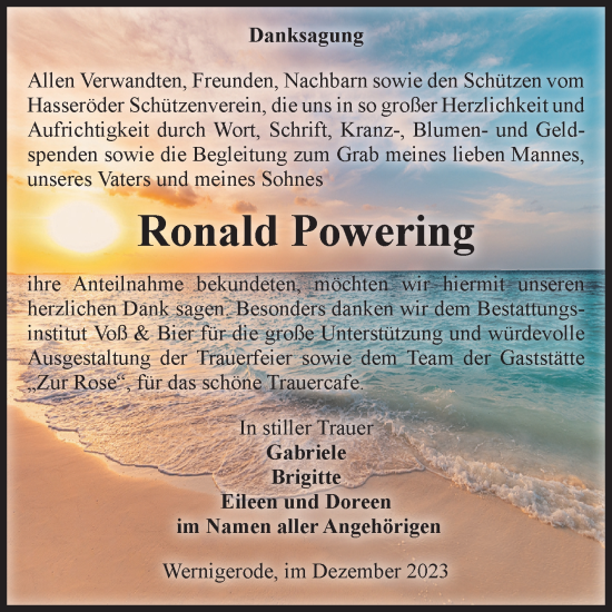 Traueranzeige von Ronald Powering von Volksstimme Wernigerode
