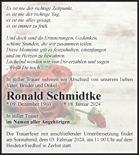 Traueranzeige von Ronald Schmidtke von Volksstimme Zerbst