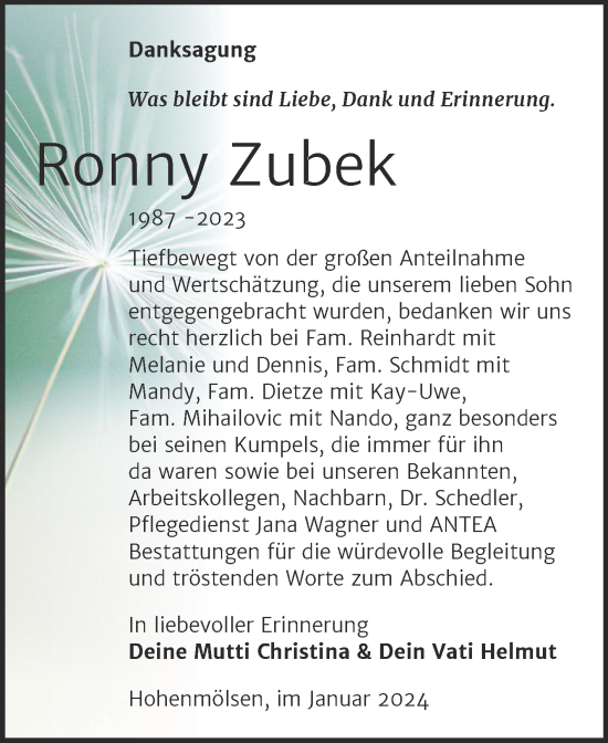 Traueranzeige von Ronny Zubek von Trauerkombi Weißenfels