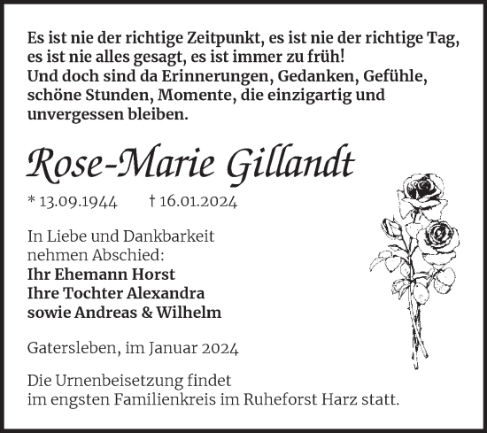 Traueranzeige von Rose-Marie Gillandt von Trauerkombi Aschersleben