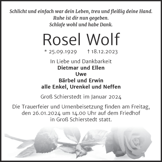 Traueranzeige von Rosel Wolf von Trauerkombi Aschersleben