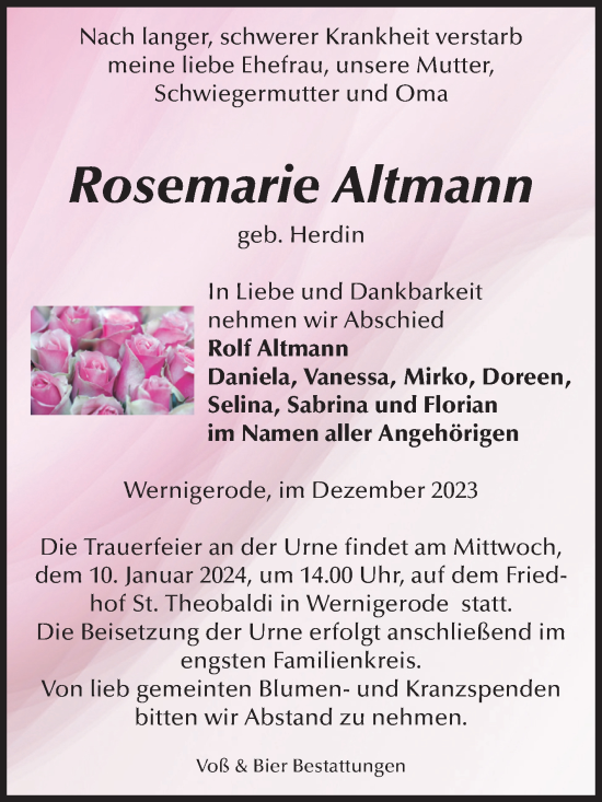 Traueranzeige von Rosemarie Altmann von Volksstimme Wernigerode