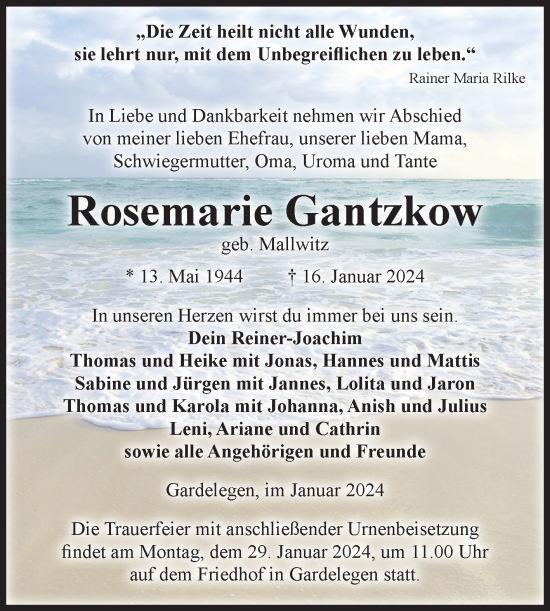 Traueranzeige von Rosemarie Gantzkow von Volksstimme Altmark West