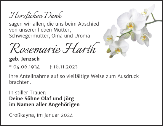 Traueranzeige von Rosemarie Harth von Trauerkombi Merseburg