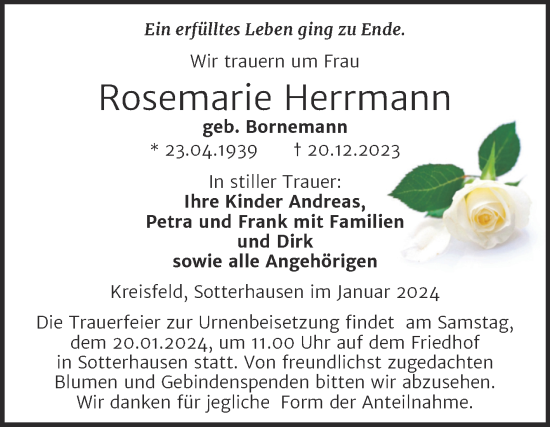 Traueranzeige von Rosemarie Herrmann von Trauerkombi Mansfelder Land