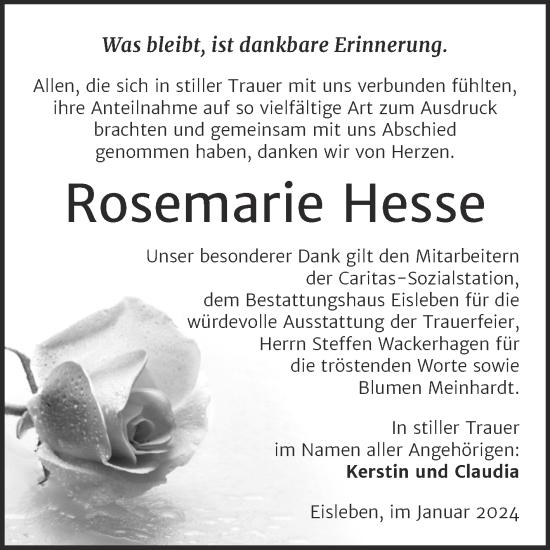 Traueranzeige von Rosemarie Hesse von Trauerkombi Mansfelder Land