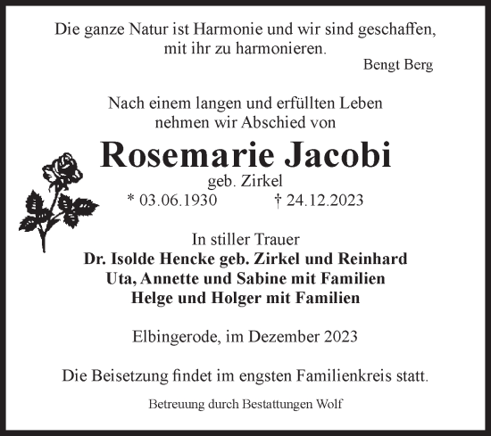 Traueranzeige von Rosemarie Jacobi von Volksstimme Wernigerode