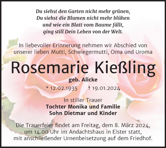 Traueranzeige von Rosemarie Kießling von Trauerkombi Wittenberg
