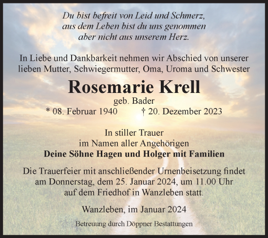 Traueranzeige von Rosemarie Krell von Volksstimme Oschersleben/Wanzleben