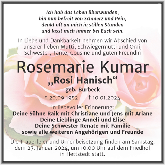 Traueranzeige von Rosemarie Kumar von Trauerkombi Mansfelder Land