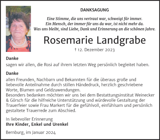 Traueranzeige von Rosemarie Landgrabe von Trauerkombi Bernburg