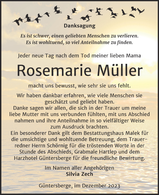 Traueranzeige von Rosemarie Müller von Trauerkombi Quedlinburg