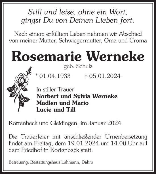 Traueranzeige von Rosemarie Werneke von Volksstimme Altmark West