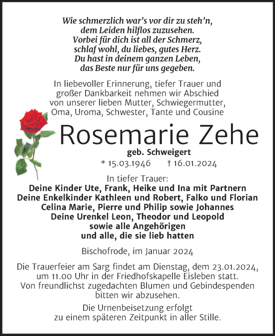 Traueranzeige von Rosemarie Zehe von Mitteldeutsche Zeitung Mansfelder Land