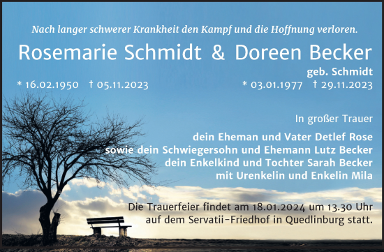 Traueranzeige von Rosemarie und Doreen  von Trauerkombi Quedlinburg