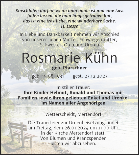 Traueranzeige von Rosmarie Kühn von Wochenspiegel Naumburg/Nebra