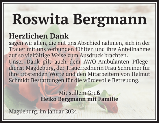 Traueranzeige von Roswita Bergmann von Volksstimme Magdeburg