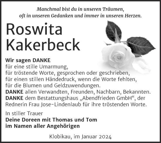 Traueranzeige von Roswita Kakerbeck von Trauerkombi Merseburg