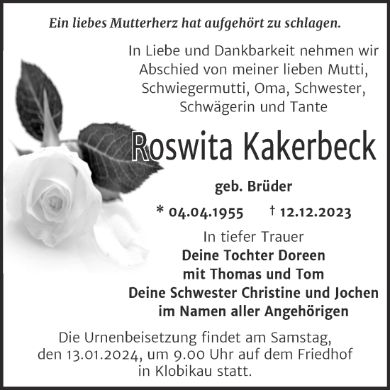 Traueranzeige von Roswita Kakerbeck von Trauerkombi Merseburg