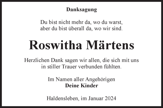 Traueranzeige von Roswitha Märtens von Volksstimme Haldensleben/Wolmirstedt