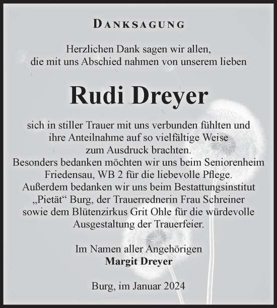 Traueranzeige von Rudi Dreyer von Volksstimme Burg/Genthin