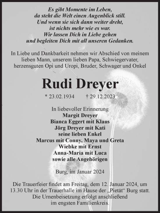 Traueranzeige von Rudi Dreyer von Volksstimme Burg/Genthin