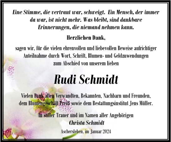 Traueranzeige von Rudi Schmidt von Trauerkombi Aschersleben