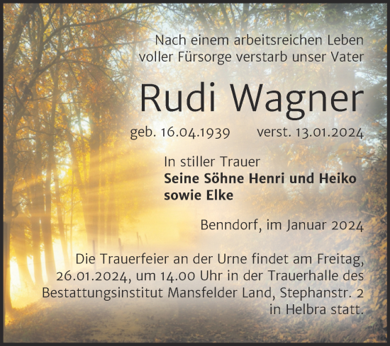 Traueranzeige von Rudi Wagner von Trauerkombi Mansfelder Land
