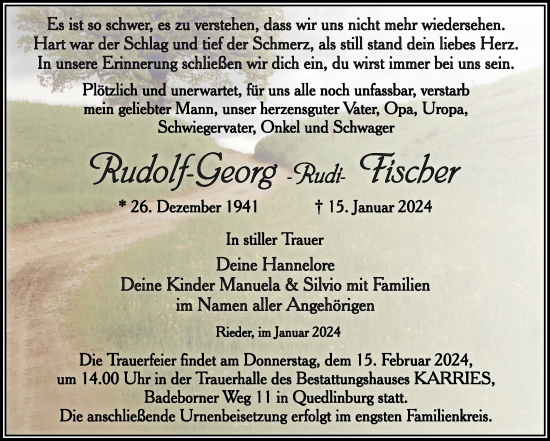 Traueranzeige von Rudolf-Georg Fischer von Trauerkombi Quedlinburg