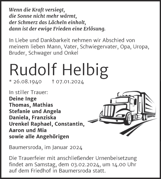 Traueranzeige von Rudolf Helbig von Wochenspiegel Naumburg/Nebra