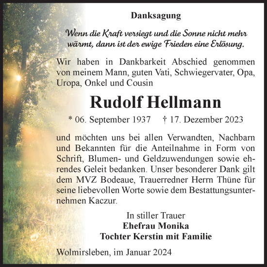 Traueranzeige von Rudolf Hellmann von Volksstimme Staßfurt