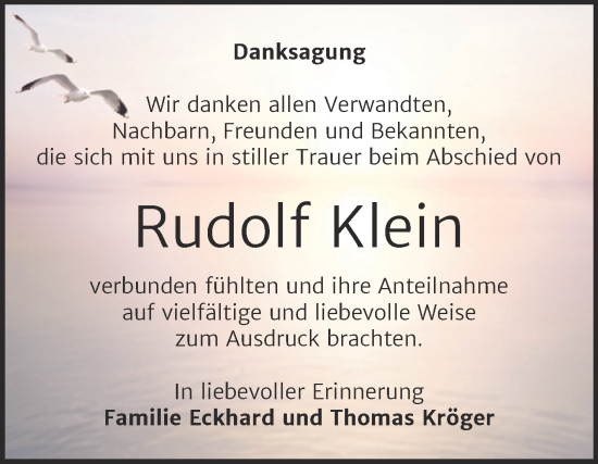 Traueranzeige von Rudolf Klein von Trauerkombi Zeitz