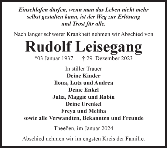 Traueranzeige von Rudolf Leisegang von Volksstimme Burg/Genthin