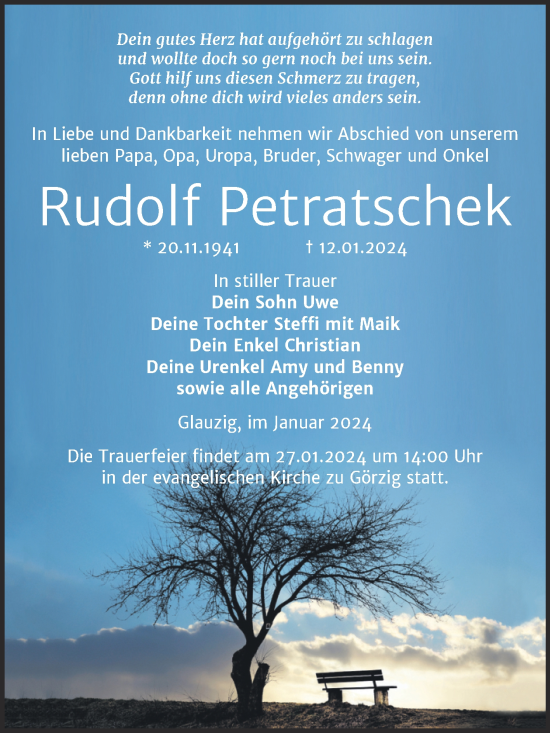 Traueranzeige von Rudolf Petratschek von Trauerkombi Köthen