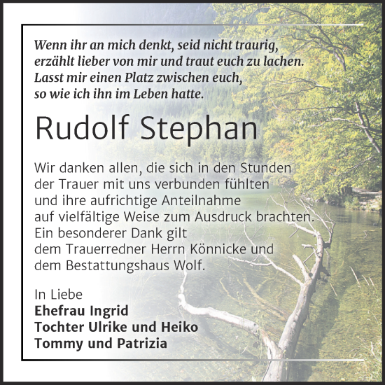 Traueranzeige von Rudolf Stephan von Trauerkombi Weißenfels
