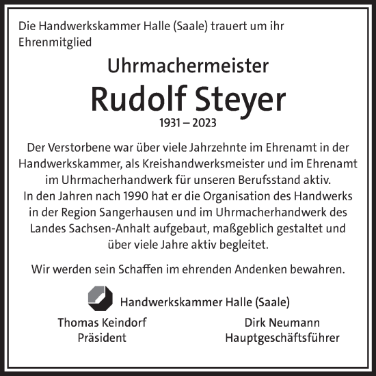 Traueranzeige von Rudolf Steyer von Mitteldeutsche Zeitung Sangerhausen