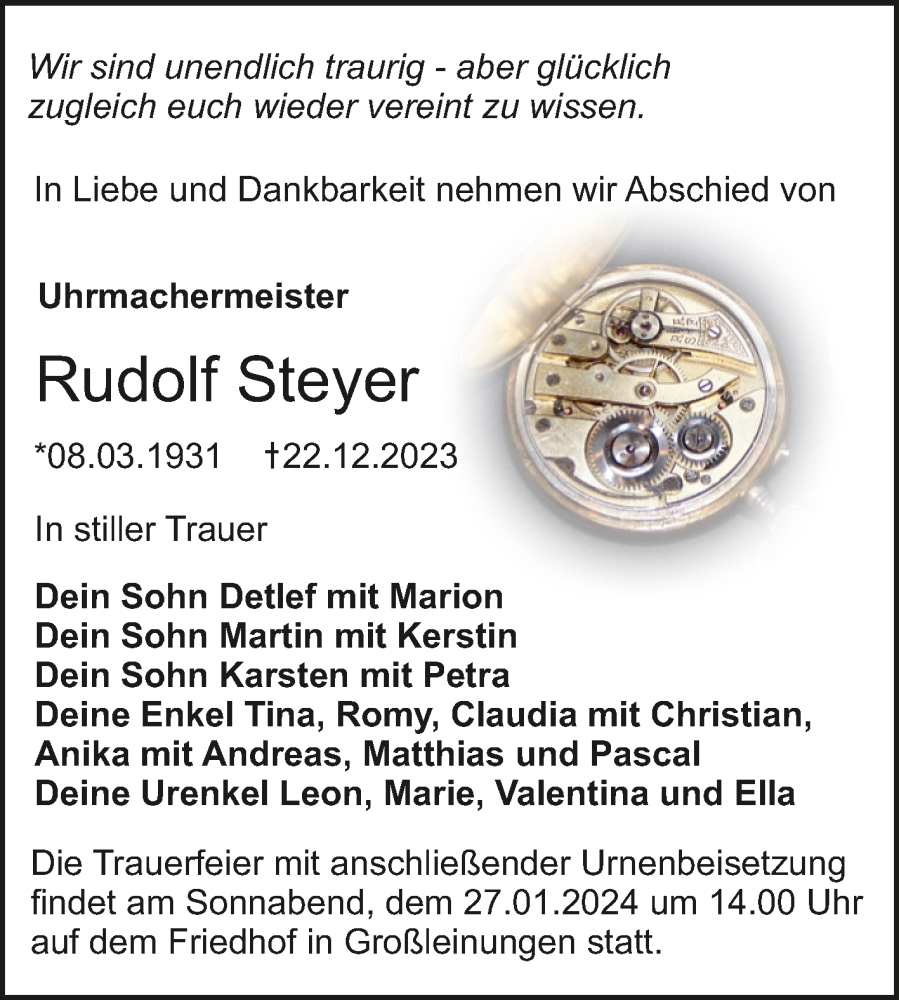  Traueranzeige für Rudolf Steyer vom 15.01.2024 aus Trauerkombi Sangerhausen
