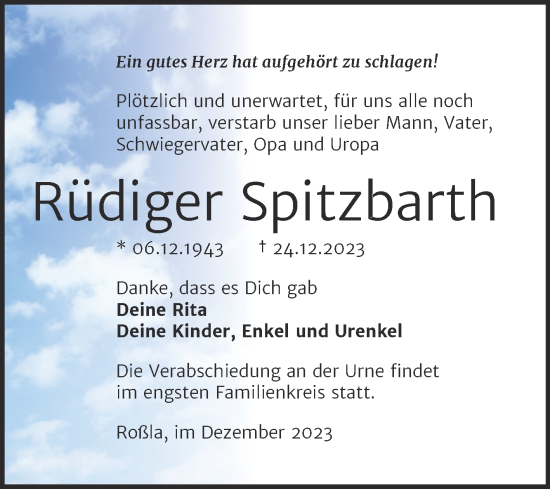 Traueranzeige von Rüdiger Spitzbarth von Trauerkombi Sangerhausen