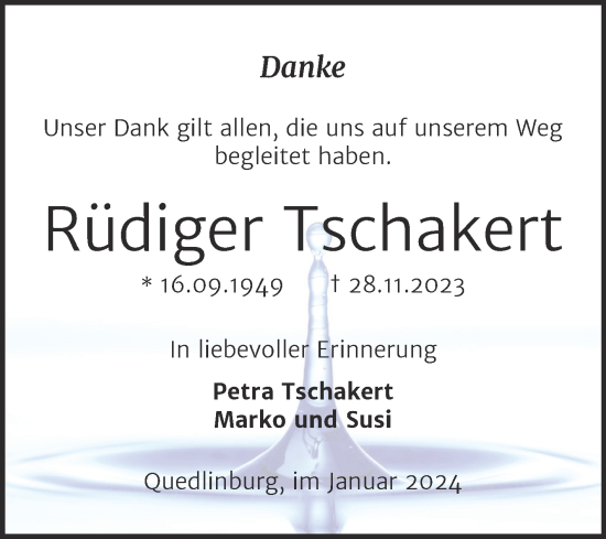Traueranzeige von Rüdiger Tschakert von Trauerkombi Quedlinburg